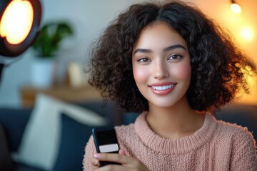 young person with curly hair in pink sweater holding a flip phone on a sofa in a cozy, softly lit living room with lamp and potted plant, appearing relaxed and contemplative