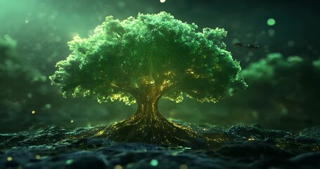 Enchanted glowing tree emerging from mystical waters, surrounded by a magical forest ambiance - Powered by Adobe