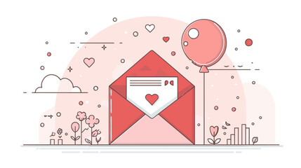 Romantic love letter illustration with open envelope, heart, pink balloon, and delicate decorative elements. Valentine's Day concept.