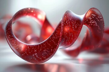 glossy red translucent twisted ribbon loop with tiny surface bubbles and soft reflections, close-up abstract spiral conveying elegant flowing motion and a mesmerizing modern mood