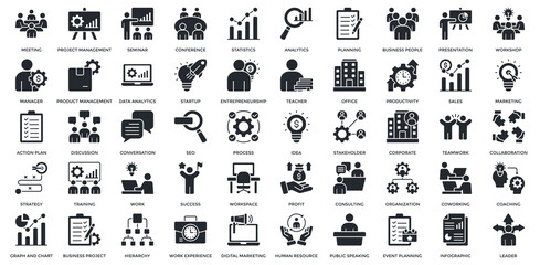 Business Presentation Icon Collection Set. Containing Meeting, Project Management, Conference, Statistics, Analytics, Planning, Business People, Workshop Icon. Simple Glyph Vector 
