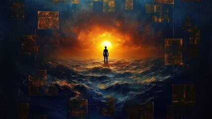 solitary silhouette standing on tumultuous ocean waves facing a glowing golden sun at the horizon with dramatic sky and floating metallic square panels, evoking awe and introspection