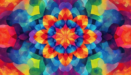 vibrant multicolored floral mandala with layered watercolor petals in a symmetrical kaleidoscope pattern radiating joyful energetic harmony
