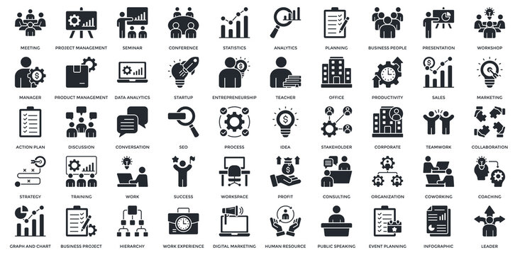 Business Presentation Icon Collection Set. Containing Meeting, Project Management, Conference, Statistics, Analytics, Planning, Business People, Workshop Icon. Simple Glyph Vector 