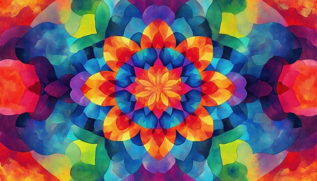 vibrant multicolored floral mandala with layered watercolor petals in a symmetrical kaleidoscope pattern radiating joyful energetic harmony - Powered by Adobe
