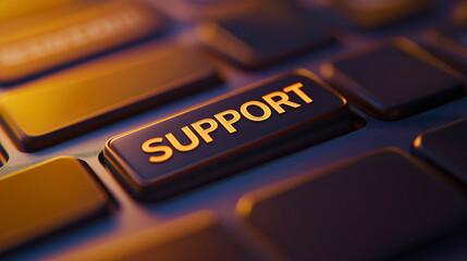 Support key computer button, technical help service concept, macro closeup orange glowing key, online customer assistance solution
