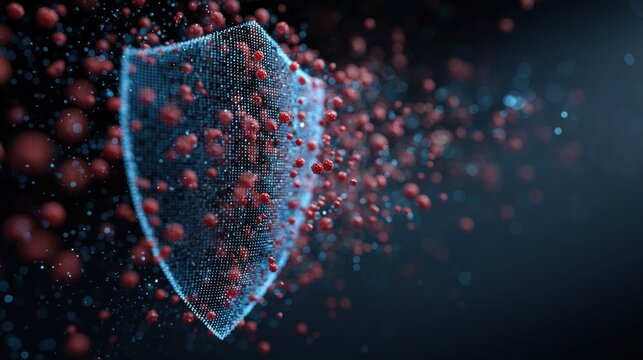A digital shield with particles around it, symbolizing protection, technology, and cybersecurity in a futuristic setting.