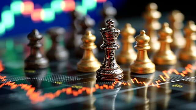 Chess pieces on stock market graph highlighting strategy and competition dynamics