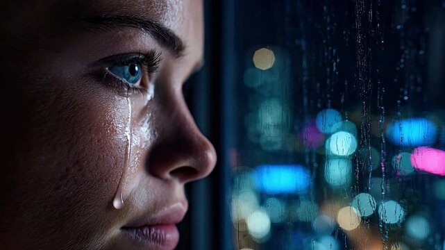 Close up of sad young woman crying with tear rolling down cheek looking out rainy window at night with city lights bokeh