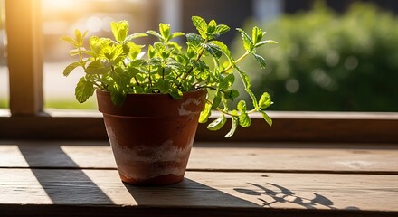 A Potted Green Plant Bathed in Warm Sunlight on a Wooden Surface.