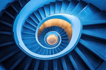 Mesmerizing blue spiral staircase with curved steps and railings around a warm glowing central light, dramatic geometric interior and hypnotic symmetry