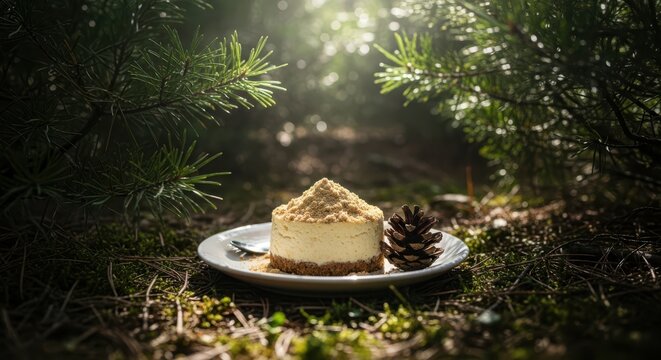 Japaneese cheesecake Delectable mini cheesecake, dusting of crumbs, pine cone, forest floor, dappled sunlight.