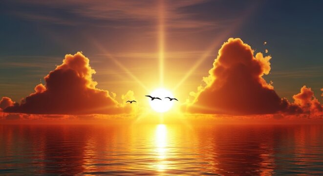 Dramatic sunset over calm ocean water with bright sunburst between two large clouds and silhouettes of birds flying across the horizon