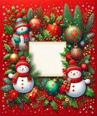 3D Christmas wreath frame featuring cheerful snowmen, candy canes, and colorful baubles against a bright red background