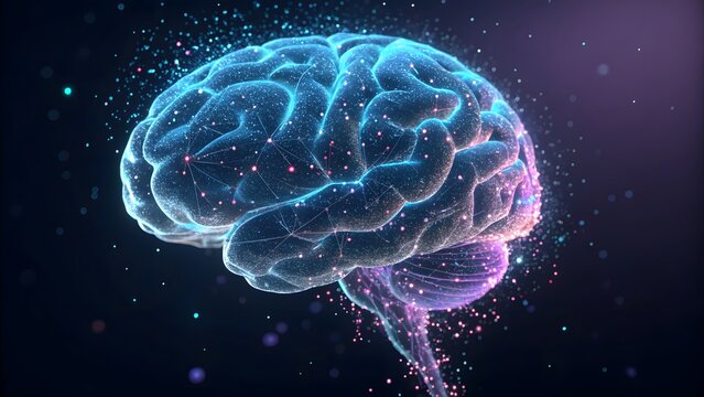 Digital brain with glowing particles, representing artificial intelligence, neural network, machine learning, and the future of technology and science