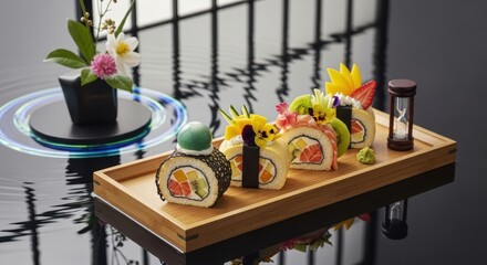 Japaneese cheesecake Exquisite sushi rolls adorned with edible flowers and vibrant fruits, presented on a wooden tray alongside a miniature hourglass.
