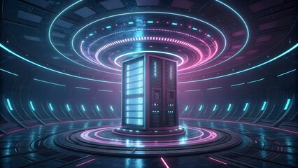 Futuristic server room with neon lights, showcasing data storage and processing capabilities in a cuttingedge technology environment for innovation