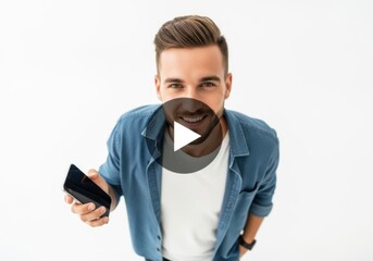 Young man holding a smartphone isolated on white background