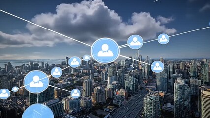 Aerial view of a bustling city skyline with digital network connections and cloud formations above - Powered by Adobe