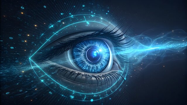 Futuristic eye with glowing light and digital connections, representing artificial intelligence, technology, and the concept of future vision - Powered by Adobe