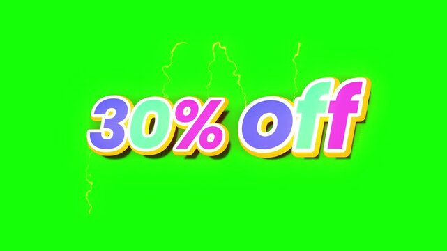 Animated thirty percent off sale advertisement on a vibrant green screen for promotional use
