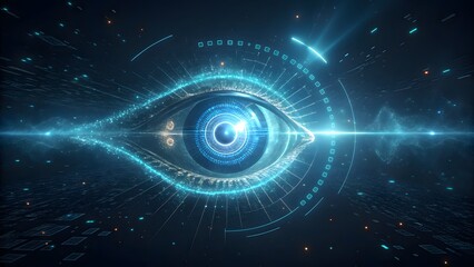 Futuristic eye with digital elements and glowing light, symbolizing artificial intelligence, cybersecurity, and advanced technology integration in vision