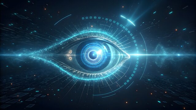 Futuristic eye with digital elements and glowing light, symbolizing artificial intelligence, cybersecurity, and advanced technology integration in vision