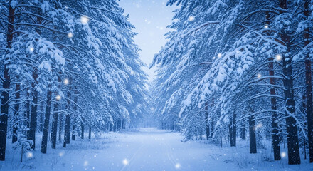 Snowy winter wonderland scene featuring a path through a forest of snowcovered pine trees creating a peaceful and serene atmosphere for the holidays