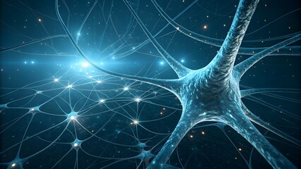 Neural network with interconnected neurons and glowing synapses, representing brain activity, artificial intelligence, and complex biological systems