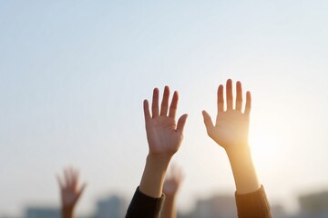 Hands reaching upward in soft daylight outdoor urban setting inspirational scene hopeful gesture