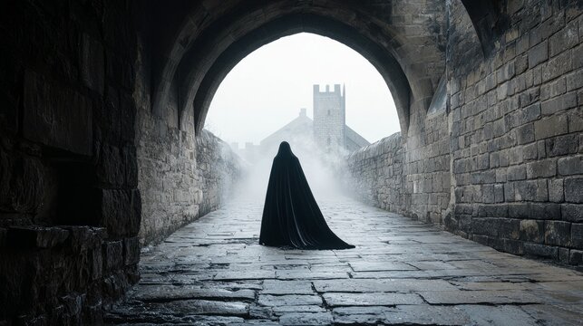 A solitary figure wearing a long black cloak walks away from the camera through a stone archway in a castle courtyard. Fog and mist obscure the background, wher