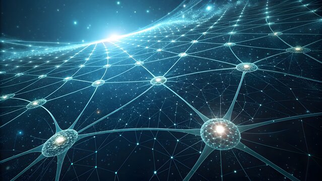 Interconnected neural network with glowing nodes and pathways, symbolizing artificial intelligence, machine learning, and advanced technology