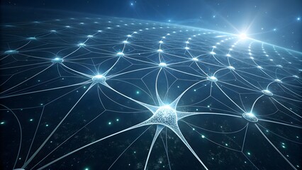 A complex neural network is visualized in a 3d render, showcasing interconnected neurons forming a vast web of communication and information processing