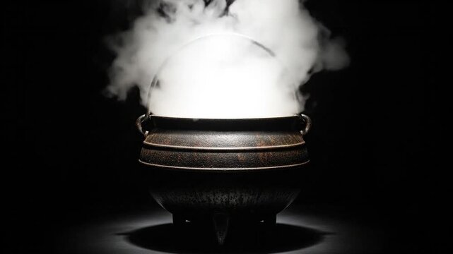 Steaming cast-iron cauldron against black backdrop creates dramatic, rustic scene
