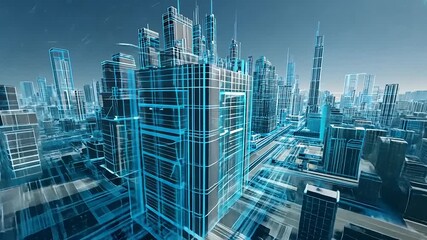 Futuristic cityscape with digital overlays showcasing advanced architecture and urban planning - Powered by Adobe