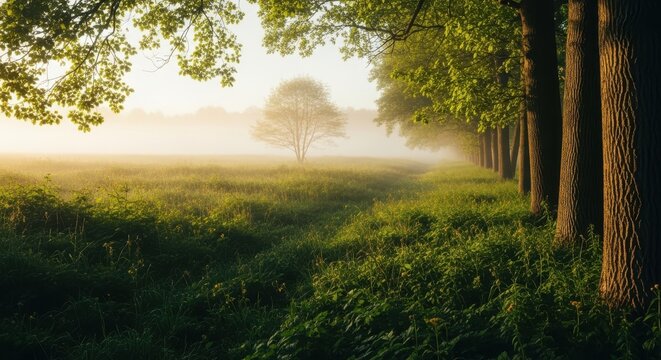 Misty morning light illuminates a solitary tree standing in a lush green field bordered by a row of tall trees, creating a serene and atmospheric natural landscape scene at sunrise - Powered by Adobe