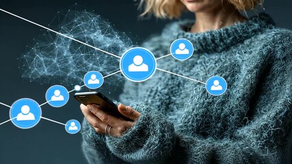 Young woman in cozy sweater using smartphone with digital network graphics and icons - Powered by Adobe