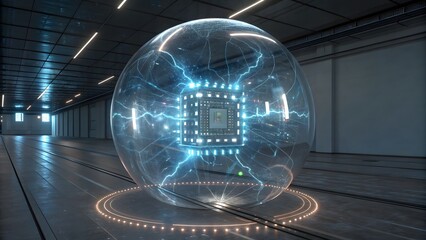 Futuristic technology concept featuring a glowing microchip inside a protective energy sphere, symbolizing advanced computing and data security in a modern setting