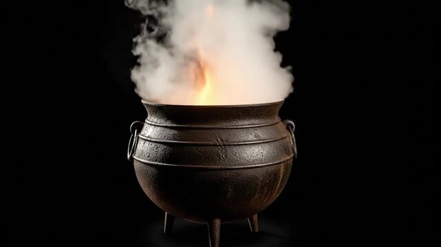 Steaming rustic cauldron against black for magical potion or witchy brew video