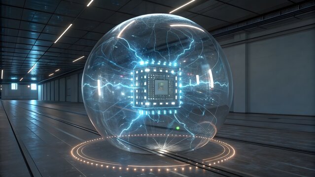 Futuristic technology concept featuring a glowing microchip inside a protective energy sphere, symbolizing advanced computing and data security in a modern setting