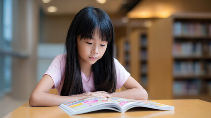 Young girl with long black hair, immersed in reading colorful comics at a wooden table, surrounded by bookshelves, showcasing the joy of comic reading and exploration