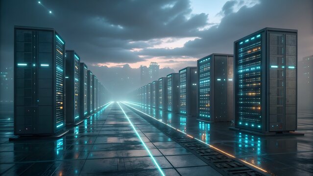 Server room with rows of data storage racks, illuminated by neon lights, creating a futuristic and hightech atmosphere for data processing and cloud computing