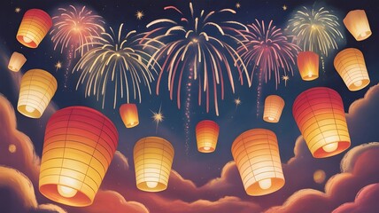 Sky lanterns and fireworks illuminate the night sky with festive colors