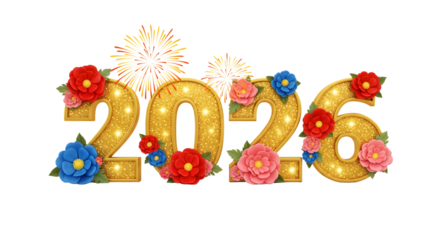 Golden 2026 numbers illuminated with flowers and fireworks