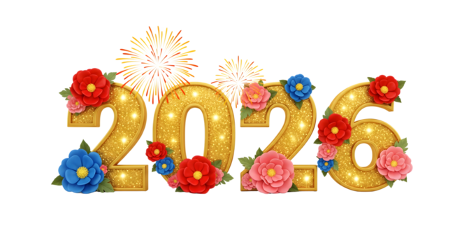 Golden 2026 numbers illuminated with flowers and fireworks