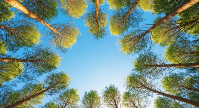 Wormseye view looking up through tall pine tree canopy towards a bright clear blue sky, creating a natural frame of green foliage and brown trunks against the open air
