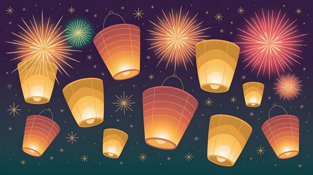 Sky lanterns with fireworks in the night sky for celebration event