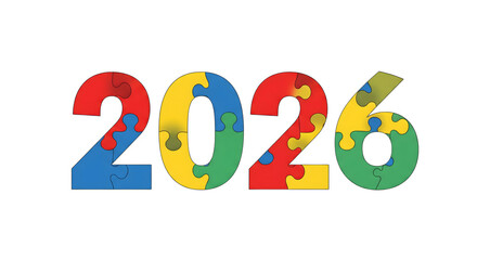Colorful puzzle pieces form the year 2026
