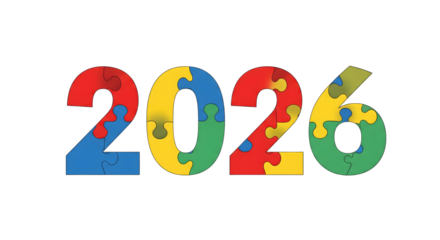 Colorful puzzle pieces form the year 2026