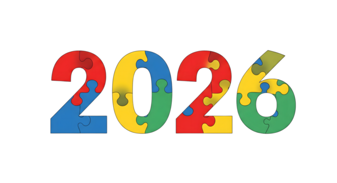 Colorful puzzle pieces form the year 2026